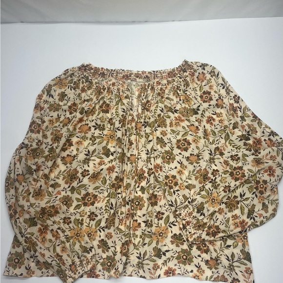 Faherty Floral Blouse in Cream and Brown Women’s LG Tie Neck Elastic at Wrist - Picture 1 of 11